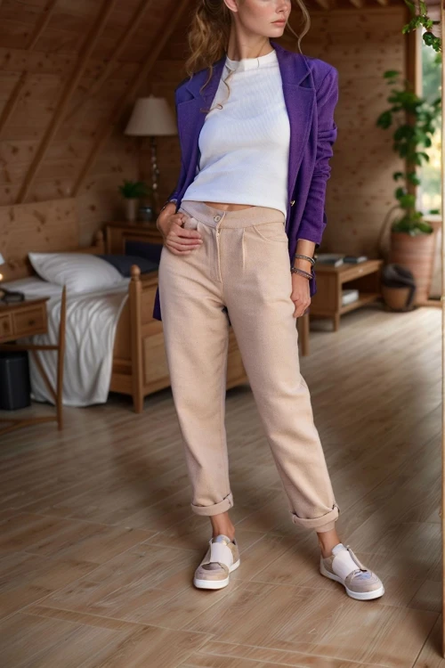 Bej Kendinden Desenli Kaşe Yüksek Bel Cepli Piliseli Pantolon BCBSK-25700-3448