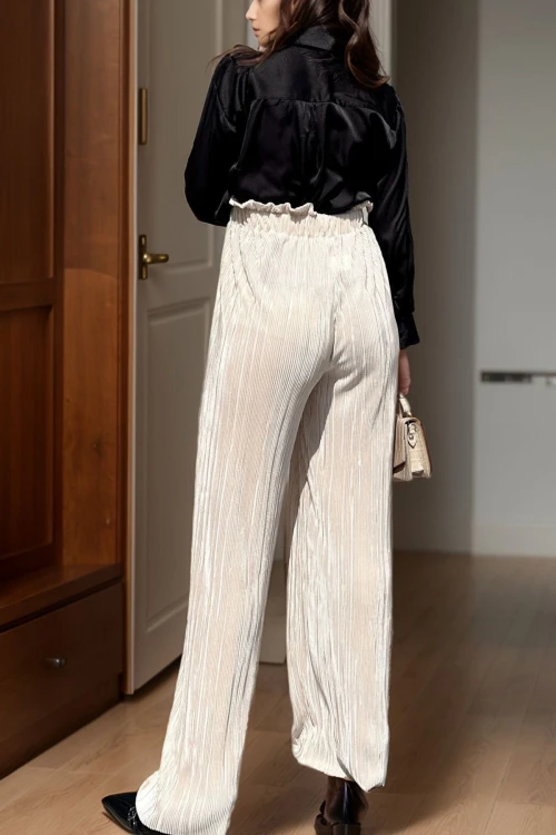 Bej Kendinden Dokulu Beli Lastikli Bol Paça Salaş Pantolon BCBSK-25700-3578