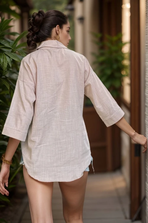 Bej Keten Görünümlü Tek Cep Truvakar Kol Salaş Gömlek BCBSK-25700-3619