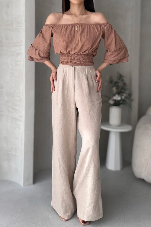 Bej Madonna Yaka Gipeli Bluz BCDF-252197