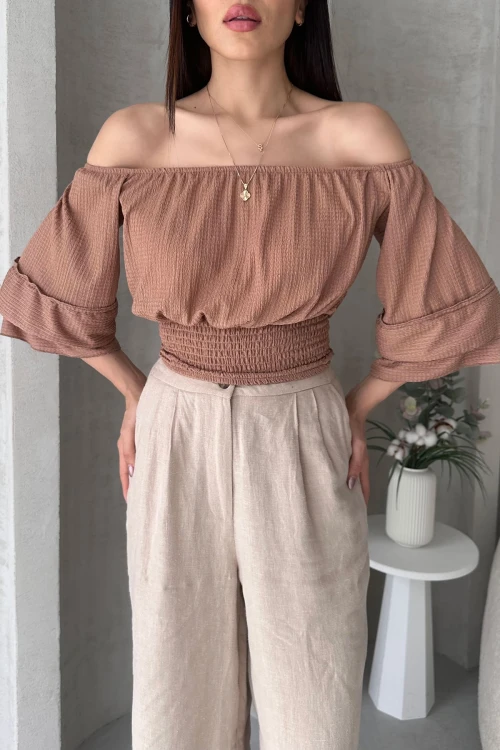 Bej Madonna Yaka Gipeli Bluz BCDF-252197