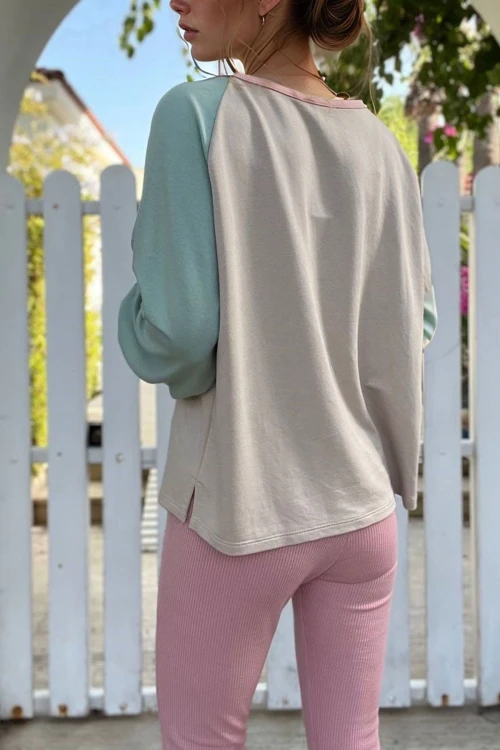 Bej Raglan Kol Dikiş Detaylı Kayık Yaka Color Block Sweatshirt BCBSK-25700-3472