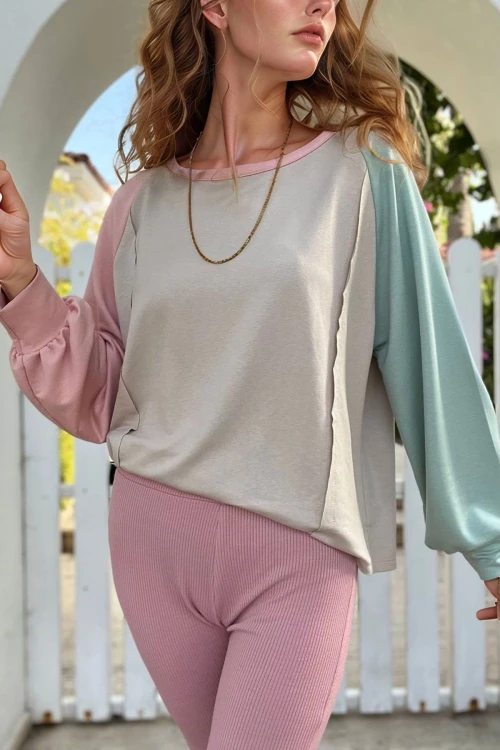 Bej Raglan Kol Dikiş Detaylı Kayık Yaka Color Block Sweatshirt BCBSK-25700-3472