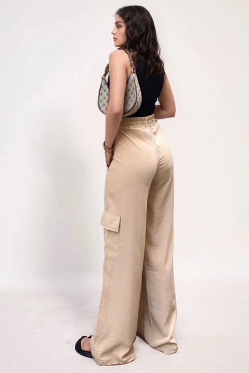 Bej Yanı Cepli Beli Lastikli Bol Paça Salaş Pantolon BCBSK-25700-3600