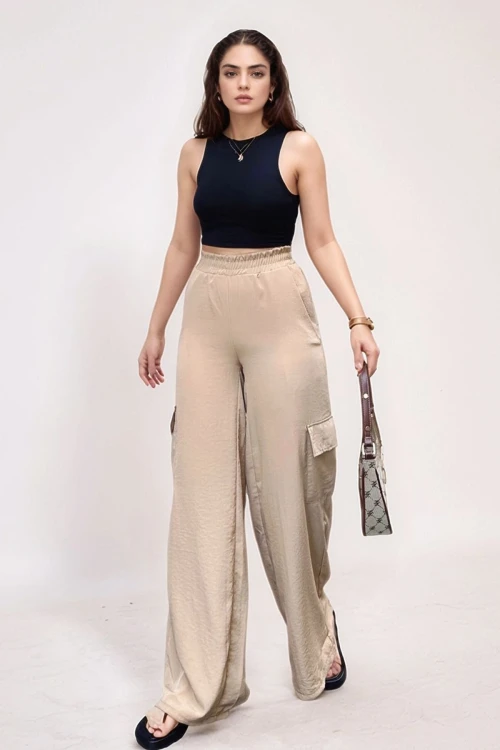 Bej Yanı Cepli Beli Lastikli Bol Paça Salaş Pantolon BCBSK-25700-3600