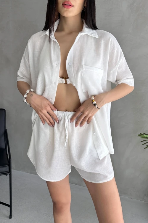 Beyaz Aerobin Keten Kısa Kol Gömlek Ve Şort Alt Üst Takım