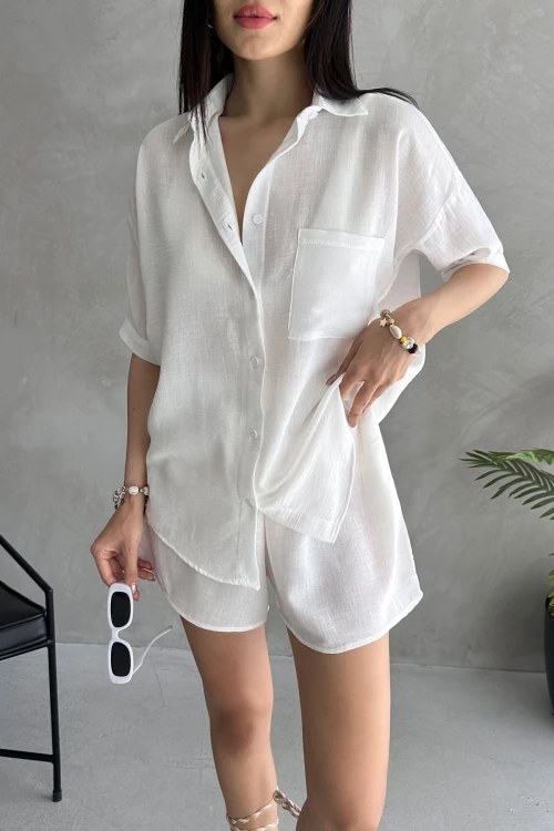 Beyaz Aerobin Keten Kısa Kol Gömlek Ve Şort Alt Üst Takım