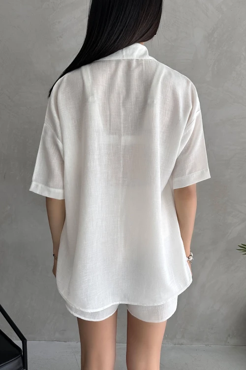 Beyaz Aerobin Keten Kısa Kol Gömlek Ve Şort Alt Üst Takım