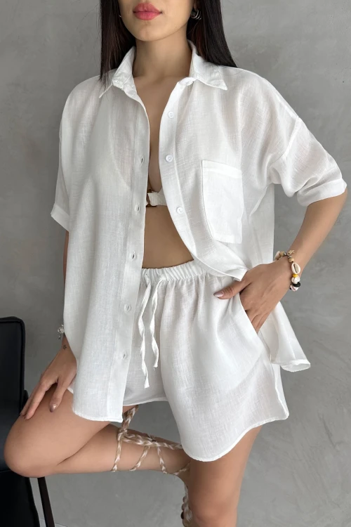 Beyaz Aerobin Keten Kısa Kol Gömlek Ve Şort Alt Üst Takım