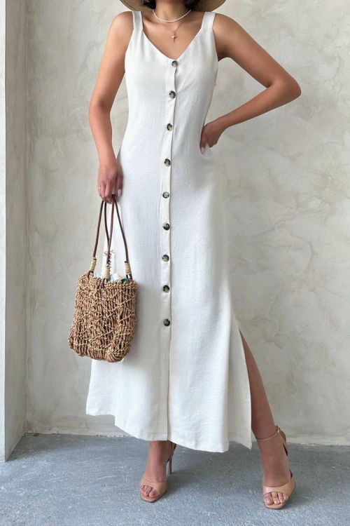 Beyaz Askılı Yırtmaç Detaylı Maxi Boy Dokuma Gömlek Elbise BCHN-25255044