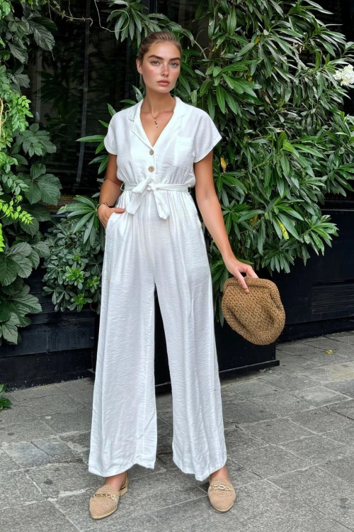 Beyaz Ceket Yaka Kendinden Kemerli Tulum BCBSK-25700-3405