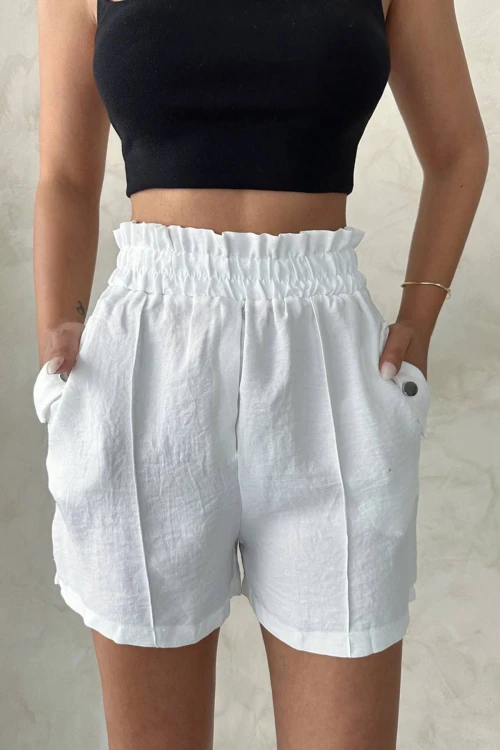 Beyaz Çift Cepli Beli Fırfırlı Önü Çimalı Keten Şort BCHN-2525834
