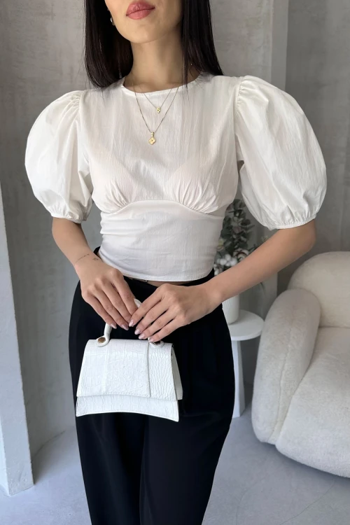 Beyaz Karpuz Kol Sırt Dekolteli Poplin Bluz BCDF-252196