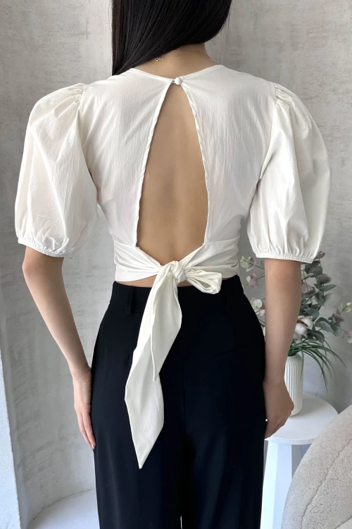 Beyaz Karpuz Kol Sırt Dekolteli Poplin Bluz BCDF-252196