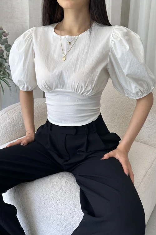 Beyaz Karpuz Kol Sırt Dekolteli Poplin Bluz BCDF-252196
