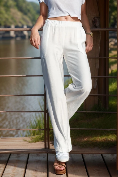 Beyaz Keten Beli Lastikli Salaş Pantolon BCBSK-25700-2933