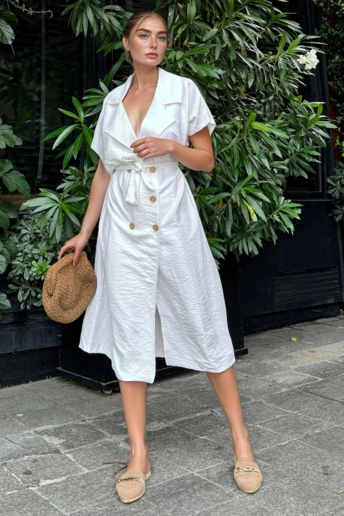 Beyaz Keten Ceket Yaka Kemerli Salaş Elbise BCBSK-25700-3162