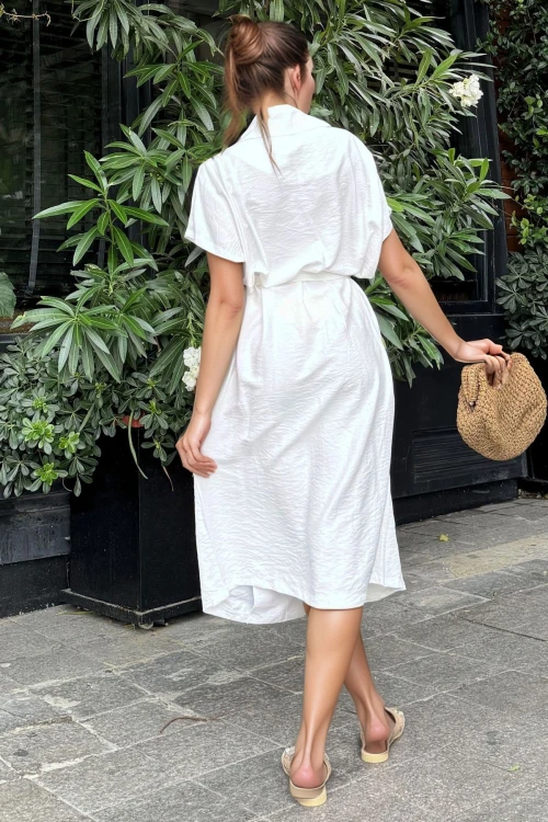 Beyaz Keten Ceket Yaka Kemerli Salaş Elbise BCBSK-25700-3162