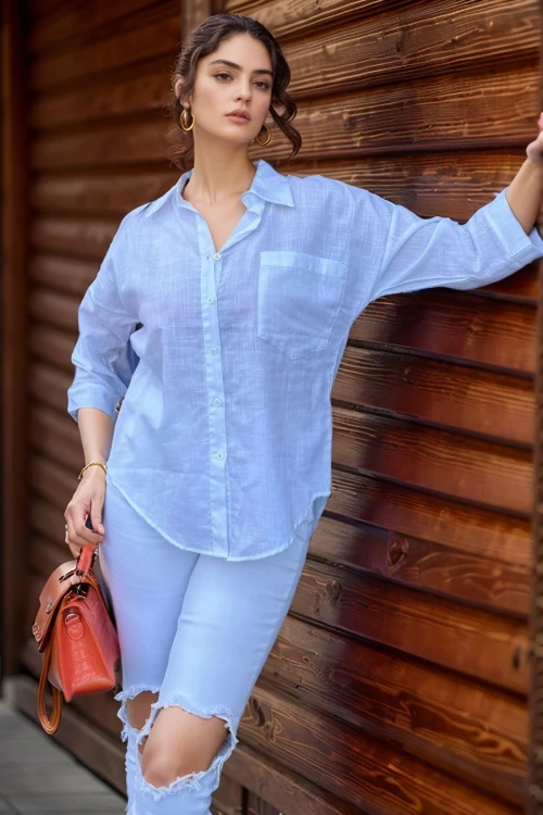 Beyaz Keten Görünümlü Tek Cep Truvakar Kol Salaş Gömlek BCBSK-25700-3619