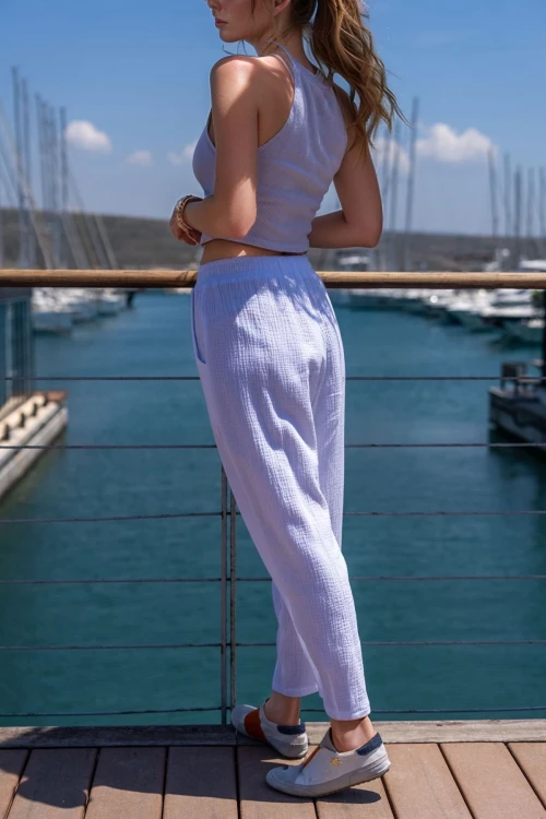 Beyaz Müslin Beli Lastikli Cepli Salaş Pantolon BCBSK-25700-3416