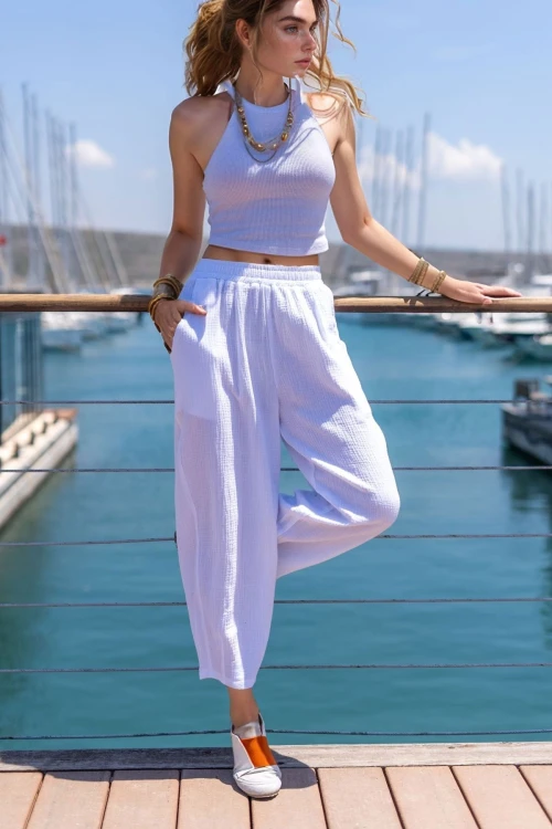 Beyaz Müslin Beli Lastikli Cepli Salaş Pantolon BCBSK-25700-3416