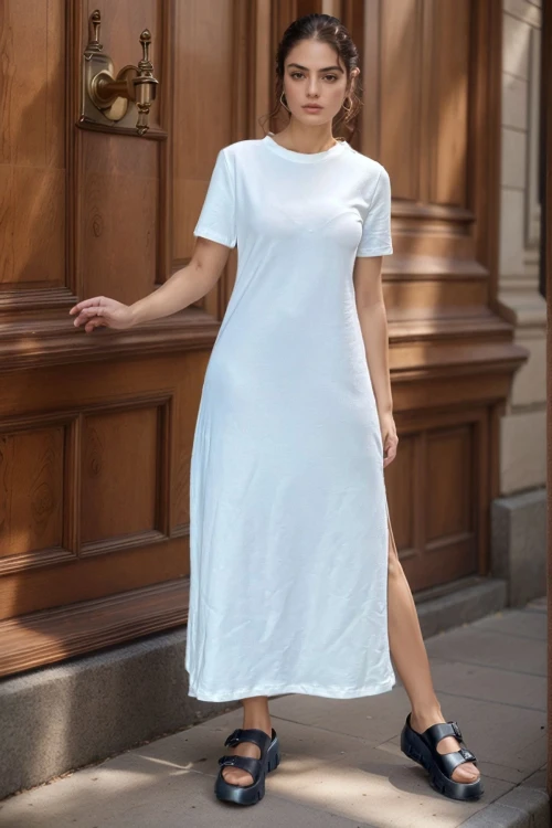 Beyaz Omzu Düğmeli Yırtmaçlı Uzun Elbise BCBSK-25700-3618