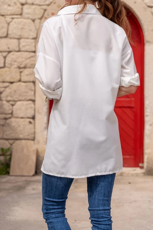 Beyaz Poplin Yanı Yırtmaçlı Oversize Uzun Gömlek BCBSK-25700-3518