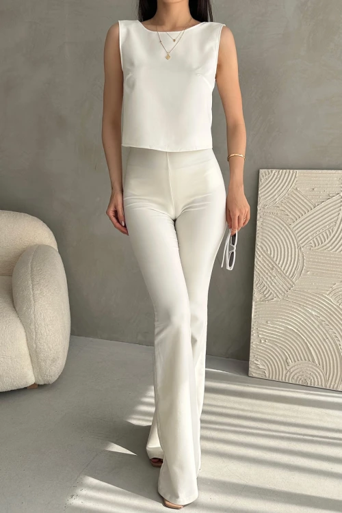 Beyaz Sırt Dekolteli Kolsuz Yazlık Bluz BCDF-252188