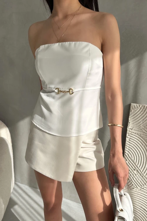 Beyaz Straplez Fitted İnce Süs Kemer Detaylı Dokuma Bluz  BCDF-252189