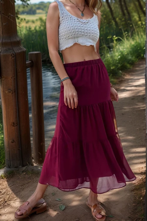 Bordo Beli Lastikli Volanlı Şifon Astarlı Kiloş Etek BCBSK-25700-3642