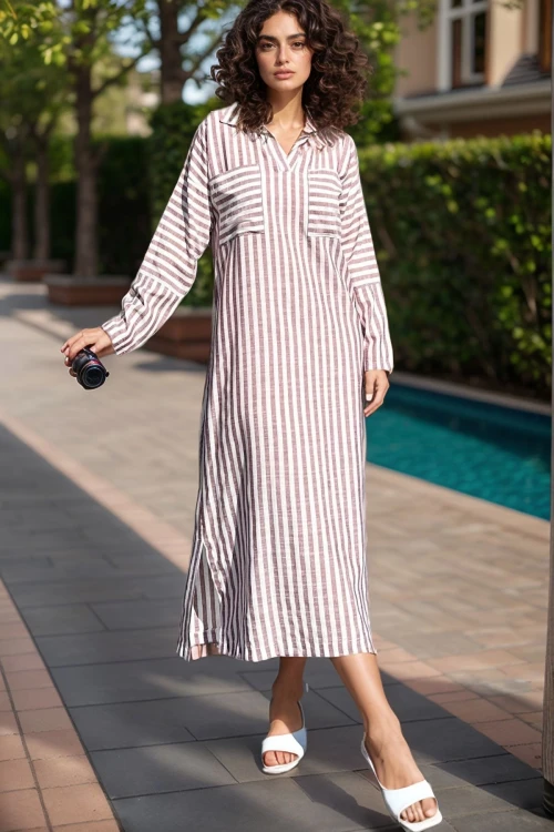 Bordo Çizgili Polo Yaka Cepli Yanı Yırtmaçlı Uzun Elbise BCBSK-25700-3579