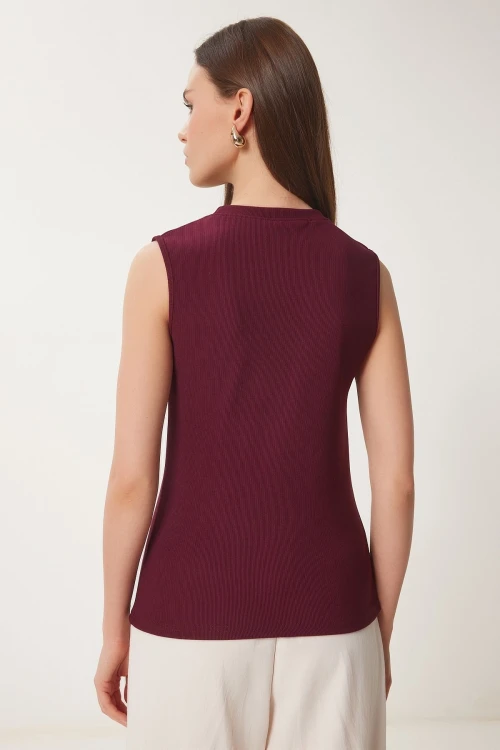 Bordo Dore Düğmeli Fitilli Örme Bluz BCDF-2540000