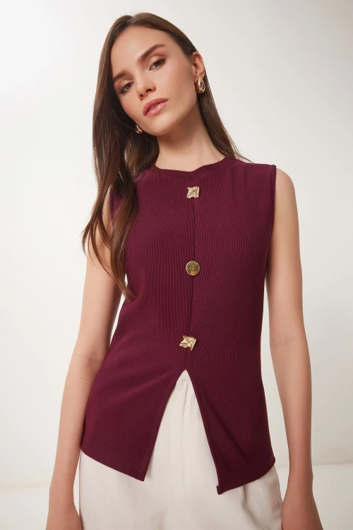 Bordo Dore Düğmeli Fitilli Örme Bluz BCDF-2540000