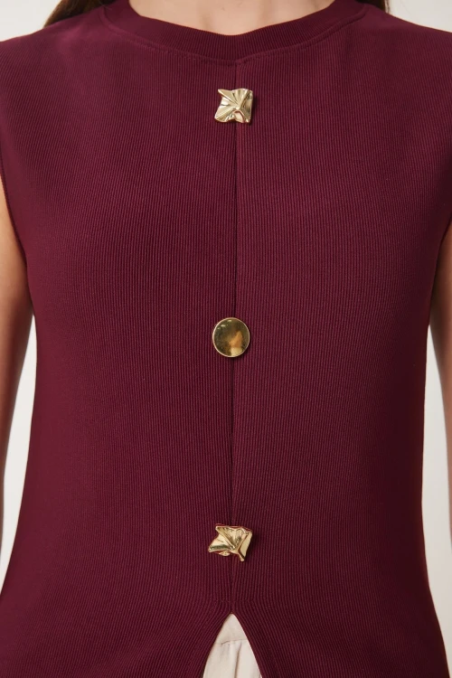 Bordo Dore Düğmeli Fitilli Örme Bluz BCDF-2540000