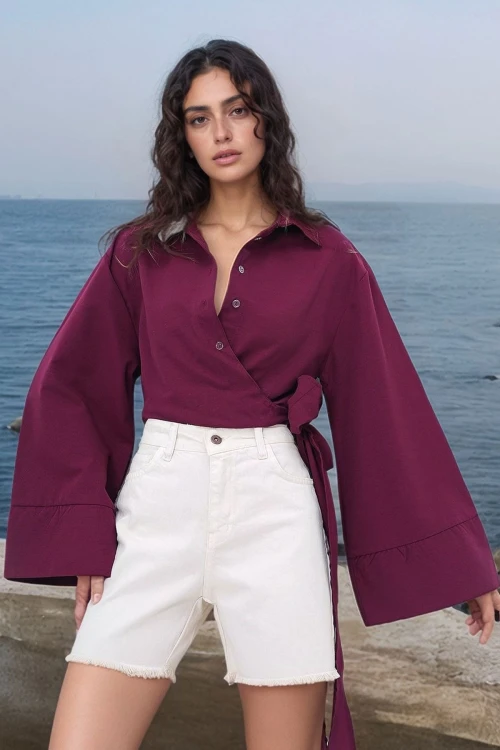 Bordo Geniş Manşetli Kol Detaylı Önü Bağlamalı Poplin Gömlek BCDF-2510000