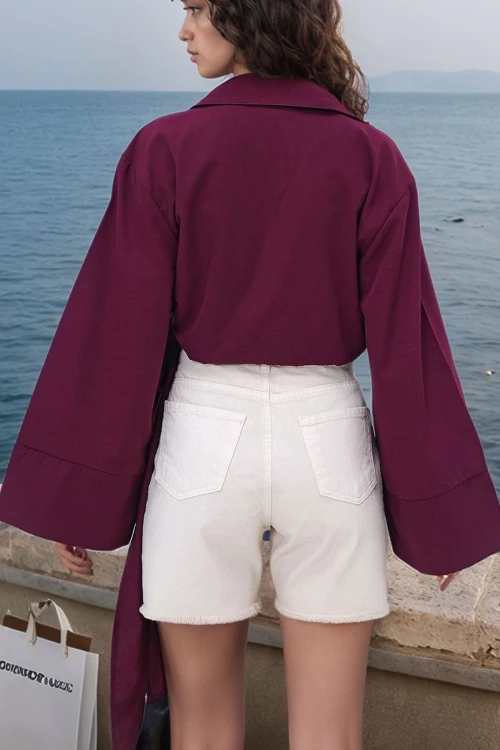 Bordo Geniş Manşetli Kol Detaylı Önü Bağlamalı Poplin Gömlek BCDF-2510000