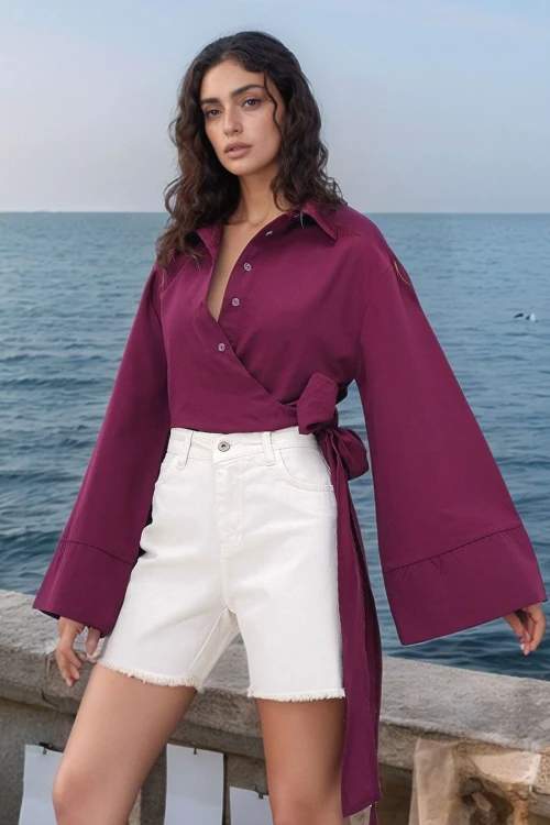 Bordo Geniş Manşetli Kol Detaylı Önü Bağlamalı Poplin Gömlek BCDF-2510000
