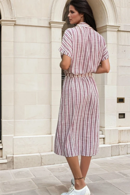 Bordo Keten Kendinden Kemerli Cepli Kısa Kol Gömlek Elbise BCBSK-25700-3434