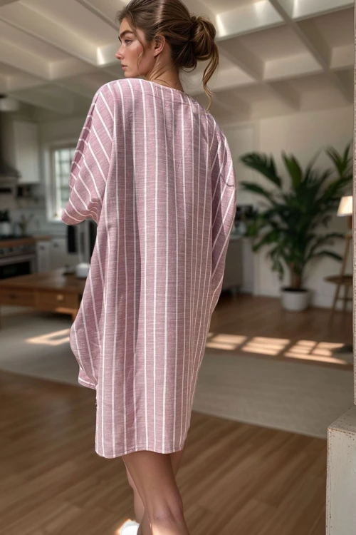 Bordo Keten V Yaka Asimetrik Çizgili Cepli Salaş Elbise BCBSK-25700-3340