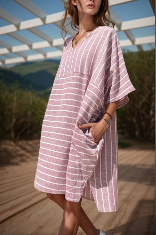 Bordo Keten V Yaka Asimetrik Çizgili Cepli Salaş Elbise BCBSK-25700-3340