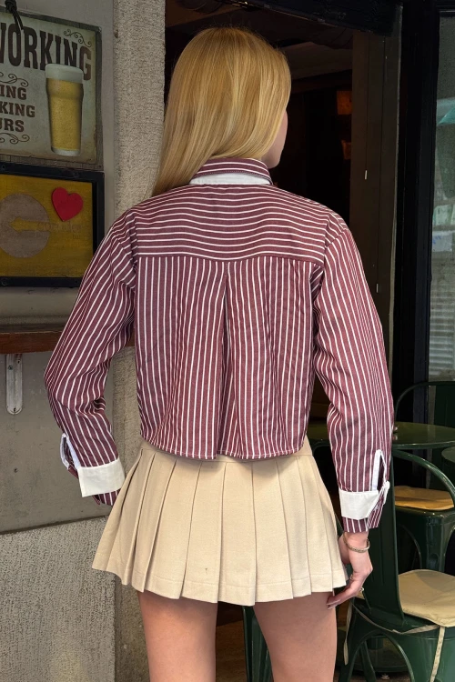 Bordo Manşet Ve Cepleri Garnili Çizgili Oversize Crop Dokuma Gömlek BC231036