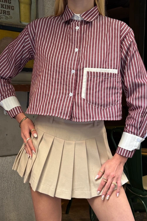 Bordo Manşet Ve Cepleri Garnili Çizgili Oversize Crop Dokuma Gömlek BC231036