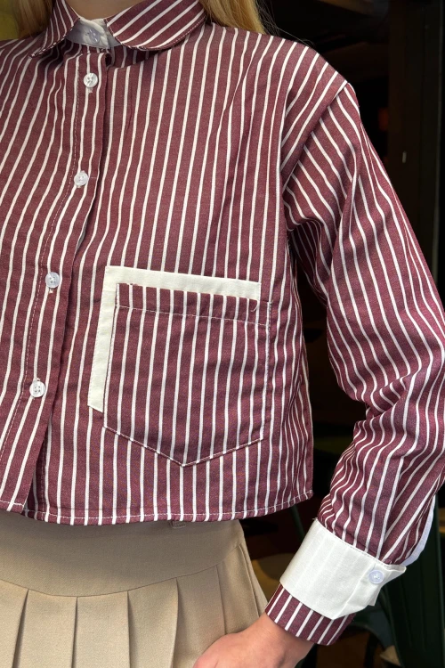 Bordo Manşet Ve Cepleri Garnili Çizgili Oversize Crop Dokuma Gömlek BC231036