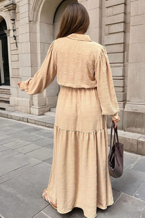 Camel Beli Bağlamalı Uzun Elbise BCBSK-25700-3550