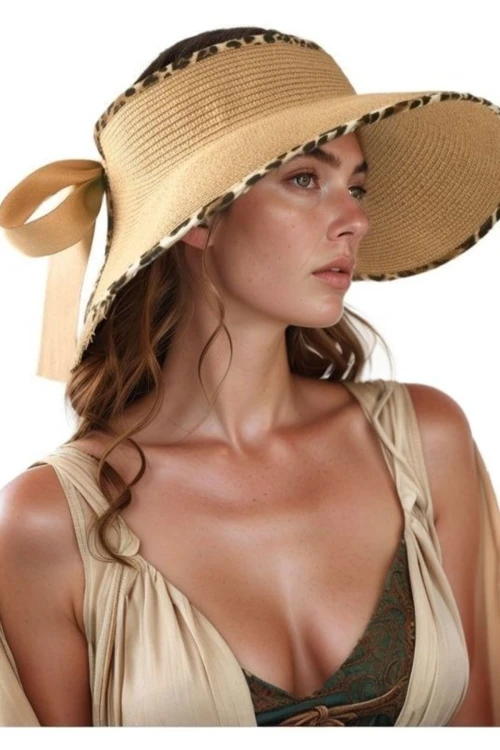 Camel Fiyonklu Üstü Açık Geniş Hasır Şapka BCNSV-2514534