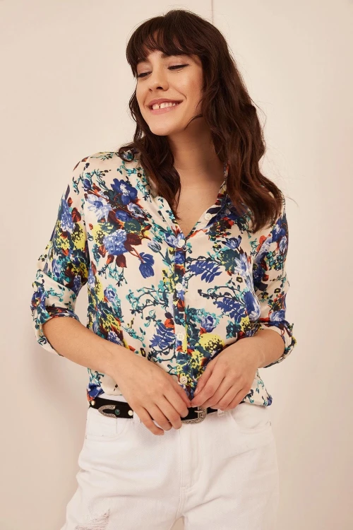 Ekru Çiçek Desenli Gömlek BCBSK-25700-T4011-1760