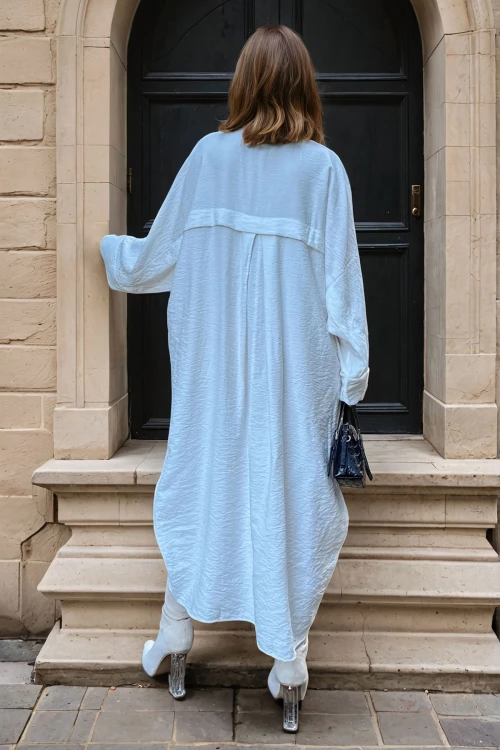 Ekru Keten Yarasa Kol Salaş Cepli Gömlek Elbise BCBSK-25700-3282