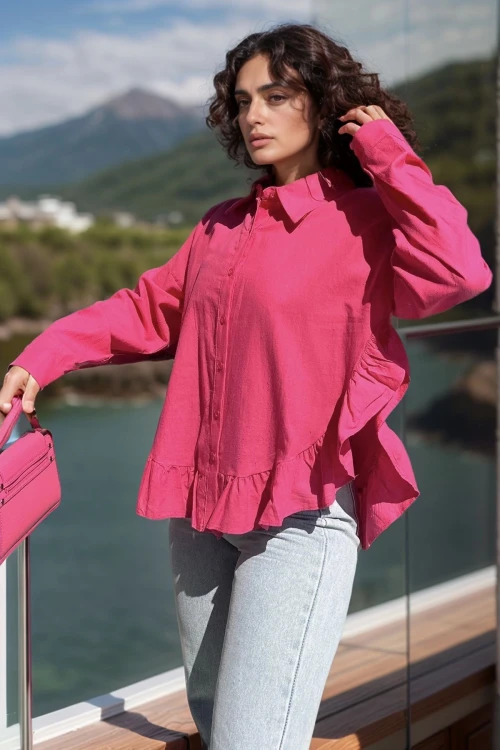 Fuşya Eteği Fırfırlı Vual Salaş Gömlek BCBSK-25700-3570