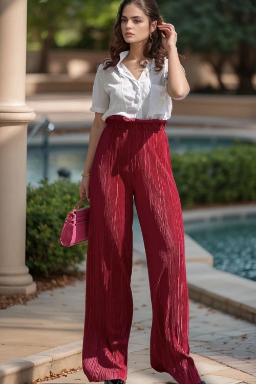 Fuşya Kendinden Dokulu Beli Lastikli Bol Paça Salaş Pantolon BCBSK-25700-3578