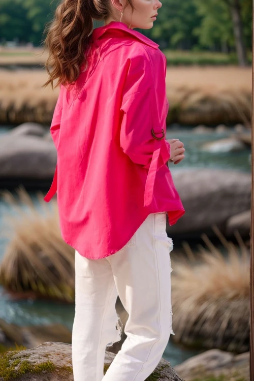 Fuşya Kolları Apoletli Cepli Poplin Salaş Gömlek BCBSK-25700-3557